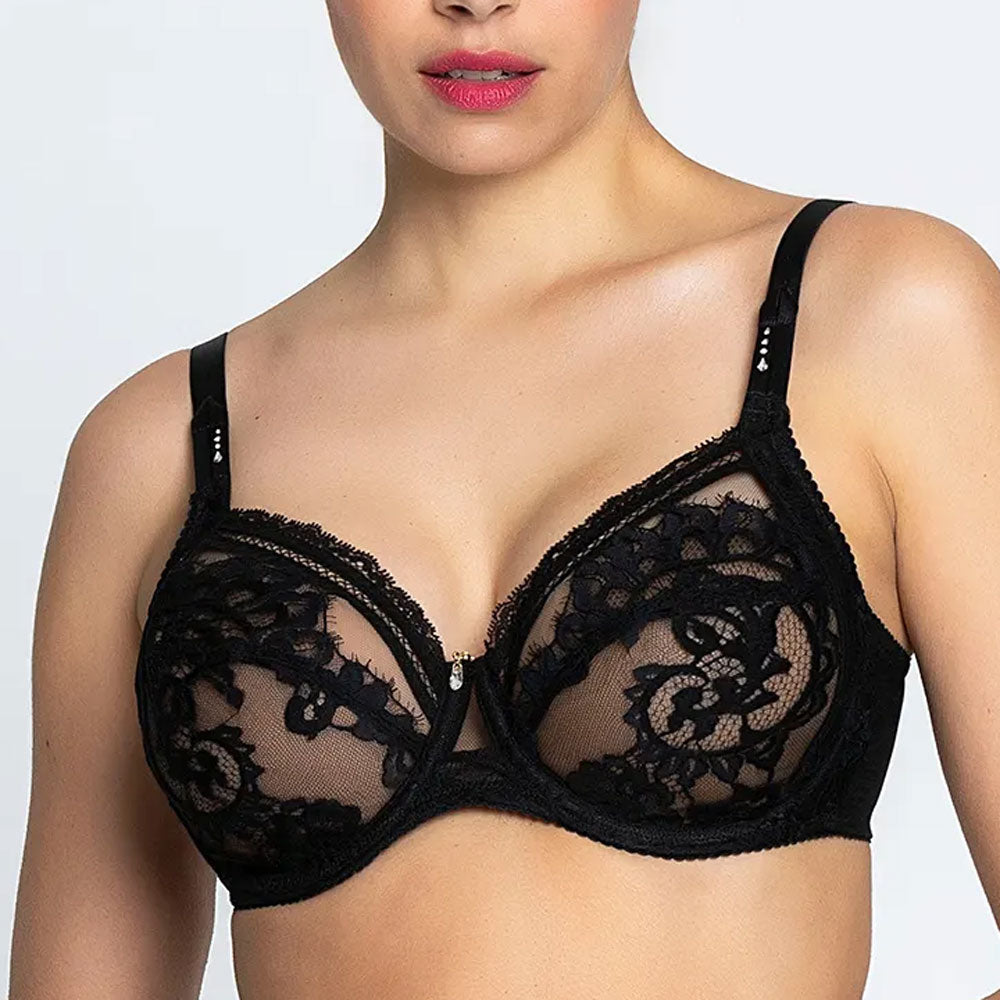 Model wearing 'Desirs de Venise' Black 3-Part Full Cup Bra, by Lise Charmel (front view).