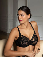 Model wearing 'Desirs de Venise' Black 3-Part Full Cup Bra, by Lise Charmel (front view).