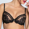 Model wearing 'Desirs de Venise' Black Contour Bra, by Lise Charmel (front view).