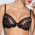 Model wearing 'Desirs de Venise' Black Contour Bra, by Lise Charmel (front view).