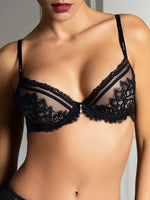 Model wearing 'Desirs de Venise' Black Contour Bra, by Lise Charmel (front view).