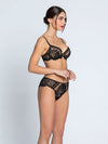 Model wearing 'Desirs de Venise' Black Contour Bra, by Lise Charmel (side view).