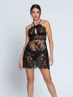 Model wearing 'Desirs de Venise' Black Babydoll Nightie, by Lise Charmel (front view).