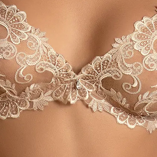 Model wearing Lise Charmel 'Dressing Floral' Beige Non-wired Triangle Bra (closeup).