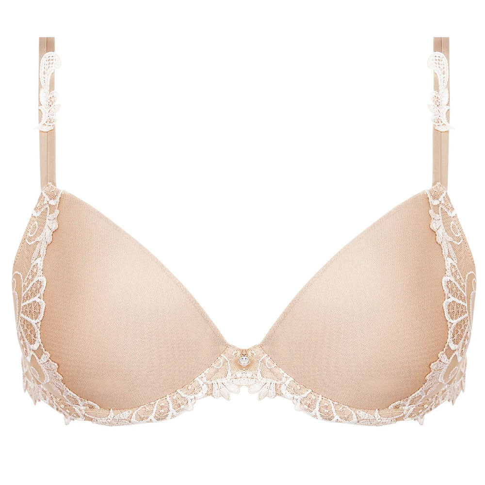 Lise Charmel 'Dressing Floral' Beige Smooth Cup Padded Plunge Bra (pack shot, front).