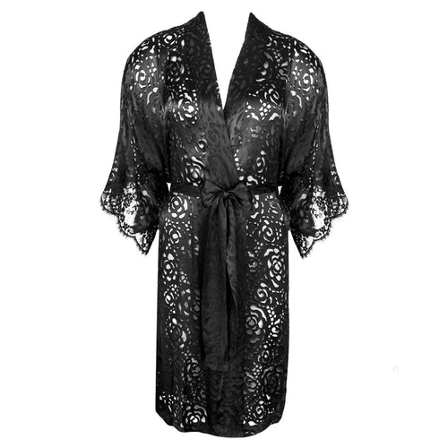 Lise Charmel 'Dressing Floral' Black Silk Robe/Dressing Gown (pack shot, front).