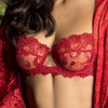 Model wearing Lise Charmel 'Dressing Floral' Red Half Cup Bra.