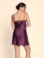 Model wearing 'Élégance Artist' Plum Purple Silk Nightie, by Lise Charmel (back view).