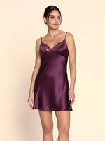 Model wearing 'Élégance Artist' Plum Purple Silk Nightie, by Lise Charmel (front view).