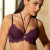 Model wearing 'Élégance Artist' Plum Purple Contour Bra, by Lise Charmel (front view, close up).