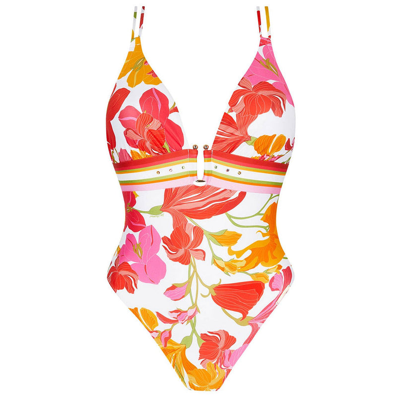 'Envolée Florale' Multicolour Crossover Back Swimsuit, by Lise Charmel (pack shot, front view).