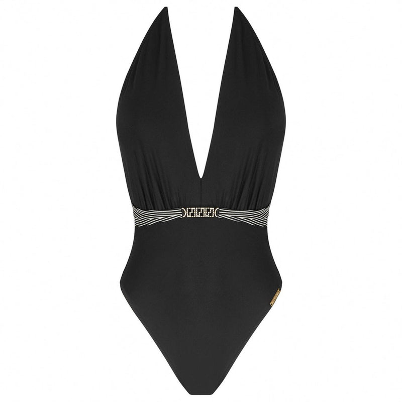 'Horizon Boréal' Black Plunge Halterneck Swimsuit, by Lise Charmel (pack shot, front).