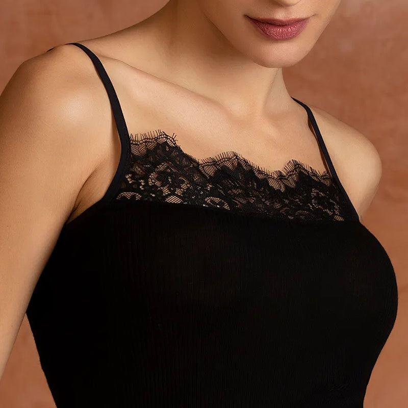 Model wearing 'Plaisir Caresse' Black Chemise, by Lise Charmel (detail).