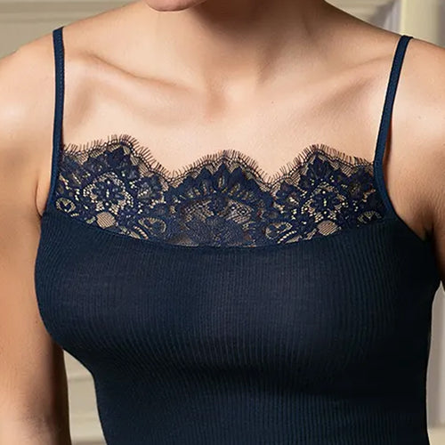 Model wearing 'Plaisir Caresse' Midnight Blue Chemise, by Lise Charmel (detail).