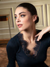 Model wearing 'Plaisir Caresse' Midnight Blue Long Sleeved Top, by Lise Charmel.