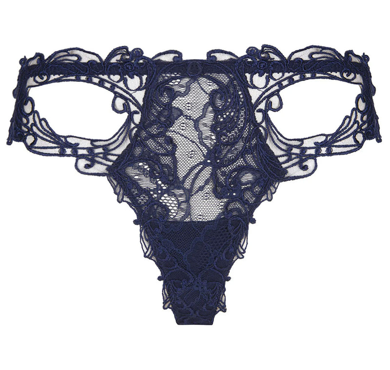 Lise Charmel 'Soir de Venise' Midnight Blue Luxury Thong (pack shot, front).