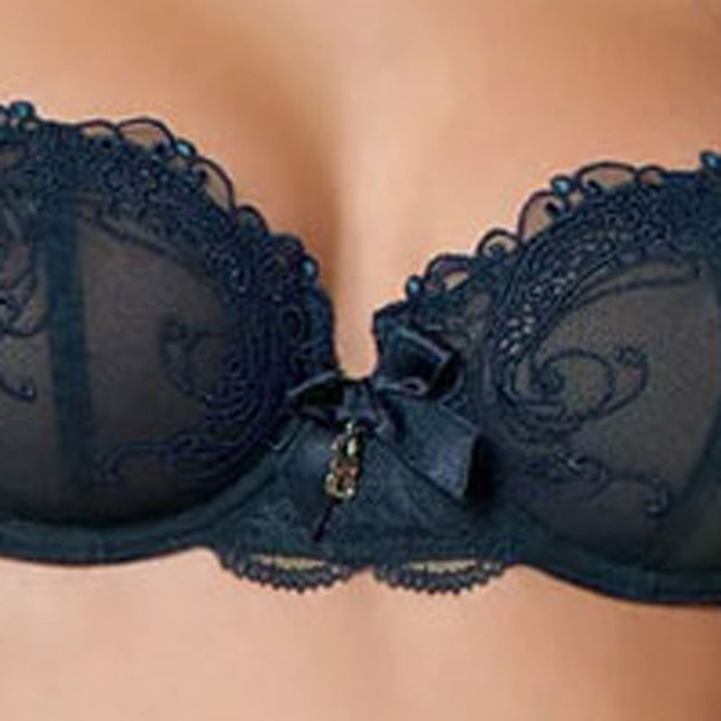 Model wearing Lise Charmel 'Soir de Venise' Midnight Blue Vertical Seam Balconette Bra (detail).