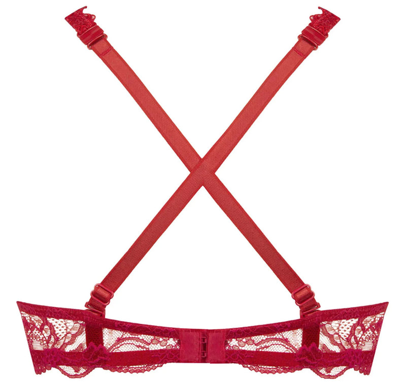 Lise Charmel 'Soir de Venise' Red Glam Triangle Bra worn crossed at the back (pack shot, back).