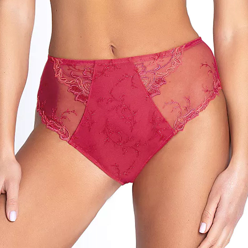 Model wearing 'Source Beauté' High Waist Brief in Hibiscus Beauté (Coral). by Lise Charmel.