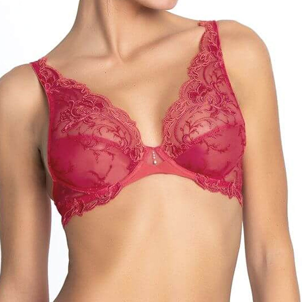 Model wearing 'Source Beauté' Glam Push-up Bra in Hibiscus Beauté (Coral), by Lise Charmel.