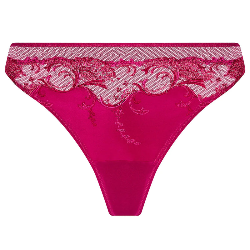 'Splendeur Soie' Raspberry Pink Silk Thong, by Lise Charmel (pack shot, front view).