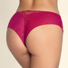 Model wearing 'Splendeur Soie' Raspberry Pink Silk Shorty, by Lise Charmel (back view, close up).