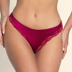 Model wearing 'Splendeur Soie' Raspberry Pink Silk Italian Brief, by Lise Charmel (front view, close up).