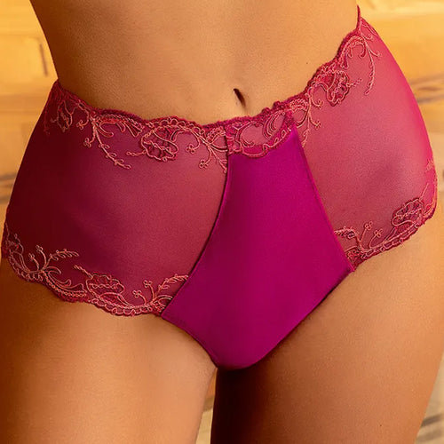 Model wearing 'Splendeur Soie' Raspberry Pink Silk High-Waisted Shorty, by Lise Charmel (front view, close up).