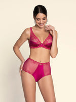 Model wearing 'Splendeur Soie' Raspberry Pink Silk High-Waisted Shorty, by Lise Charmel (front view).
