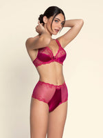 Model wearing 'Splendeur Soie' Raspberry Pink Silk High-Waisted Shorty, by Lise Charmel (side view).