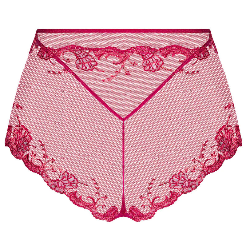 'Splendeur Soie' Raspberry Pink Silk High-Waisted Shorty, by Lise Charmel (pack shot, back view).