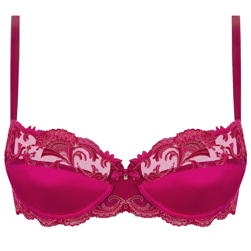 'Splendeur Soie' Raspberry Pink Silk Half Cup Bra, by Lise Charmel (pack shot, front view).