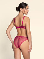 Model wearing 'Splendeur Soie' Raspberry Pink Silk Full Cup Bra, by Lise Charmel (back view).