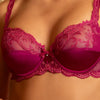 Model wearing 'Splendeur Soie' Raspberry Pink Silk Full Cup Bra, by Lise Charmel (front view, close up).