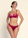 Model wearing 'Splendeur Soie' Raspberry Pink Silk Full Cup Bra, by Lise Charmel (front view).