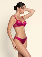 Model wearing 'Splendeur Soie' Raspberry Pink Silk Full Cup Bra, by Lise Charmel (side view).