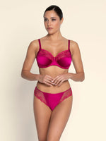 Model wearing 'Splendeur Soie' Raspberry Pink Silk 3-Part Full Cup Bra, by Lise Charmel (front view).
