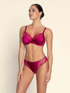 Model wearing 'Splendeur Soie' Raspberry Pink Silk 3-Part Full Cup Bra, by Lise Charmel (front view).