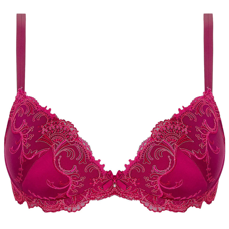 'Splendeur Soie' Raspberry Pink Silk Padded Plunge Bra, by Lise Charmel (pack shot, front view).