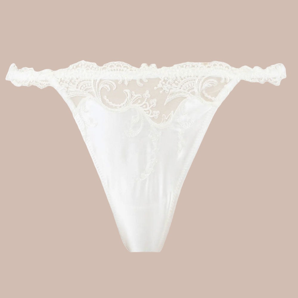 'Splendeur Soie' Ivory Sexy Thong, by Lise Charmel (pack shot, front) | Exceptional Luxury Lingerie | Sandra Dee