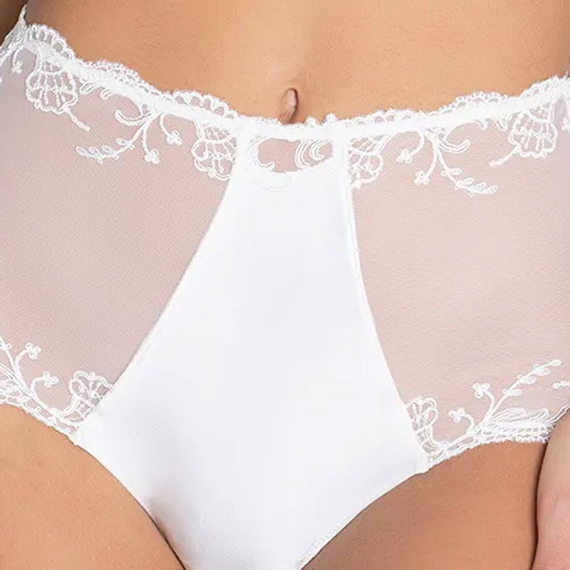 Model wearing 'Splendeur Soie' Ivory High Waisted Shorty, by Lise Charmel (detail).