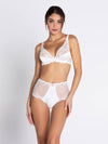 Model wearing 'Splendeur Soie' Ivory High Waisted Shorty, by Lise Charmel.