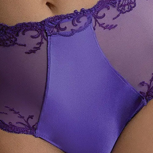 Model wearing 'Splendeur Soie' Violet Silk High-Waisted Shorty, by Lise Charmel (detail).