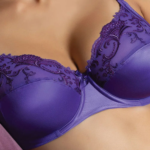 Model wearing 'Splendeur Soie' Violet Silk 3-Part Full Cup Bra, by Lise Charmel (detail).