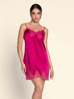 Model wearing 'Splendeur Soie' Pink Silk Night Dress/Chemise, by Lise Charmel (front view).