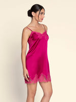 Model wearing 'Splendeur Soie' Pink Silk Night Dress/Chemise, by Lise Charmel (side view).