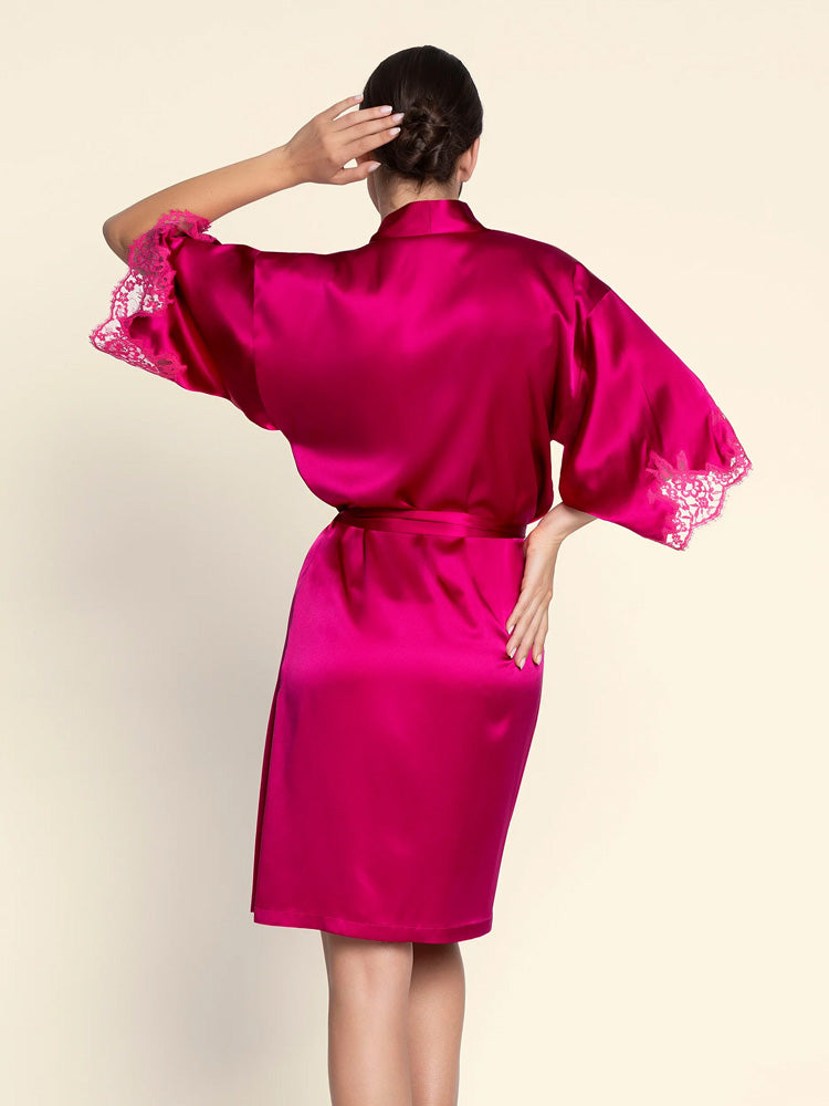 Model wearing 'Splendeur Soie' Carmine Silk Negligée Gown, by Lise Charmel (back view).