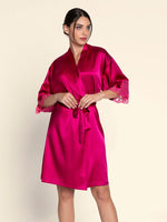 Model wearing 'Splendeur Soie' Carmine Silk Negligée Gown, by Lise Charmel (front view).