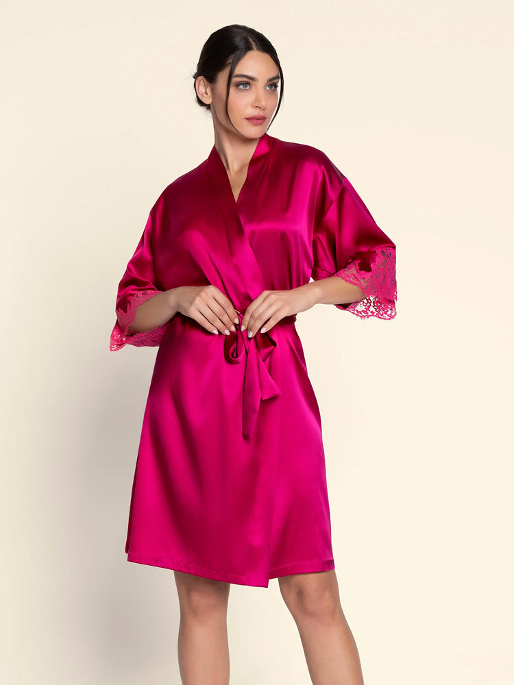 Model wearing 'Splendeur Soie' Carmine Silk Negligée Gown, by Lise Charmel (front view).