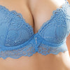 Model wearing 'Sublime en Dentelle' Azure Blue Contour Bra, by Lise Charmel (front view. close up).